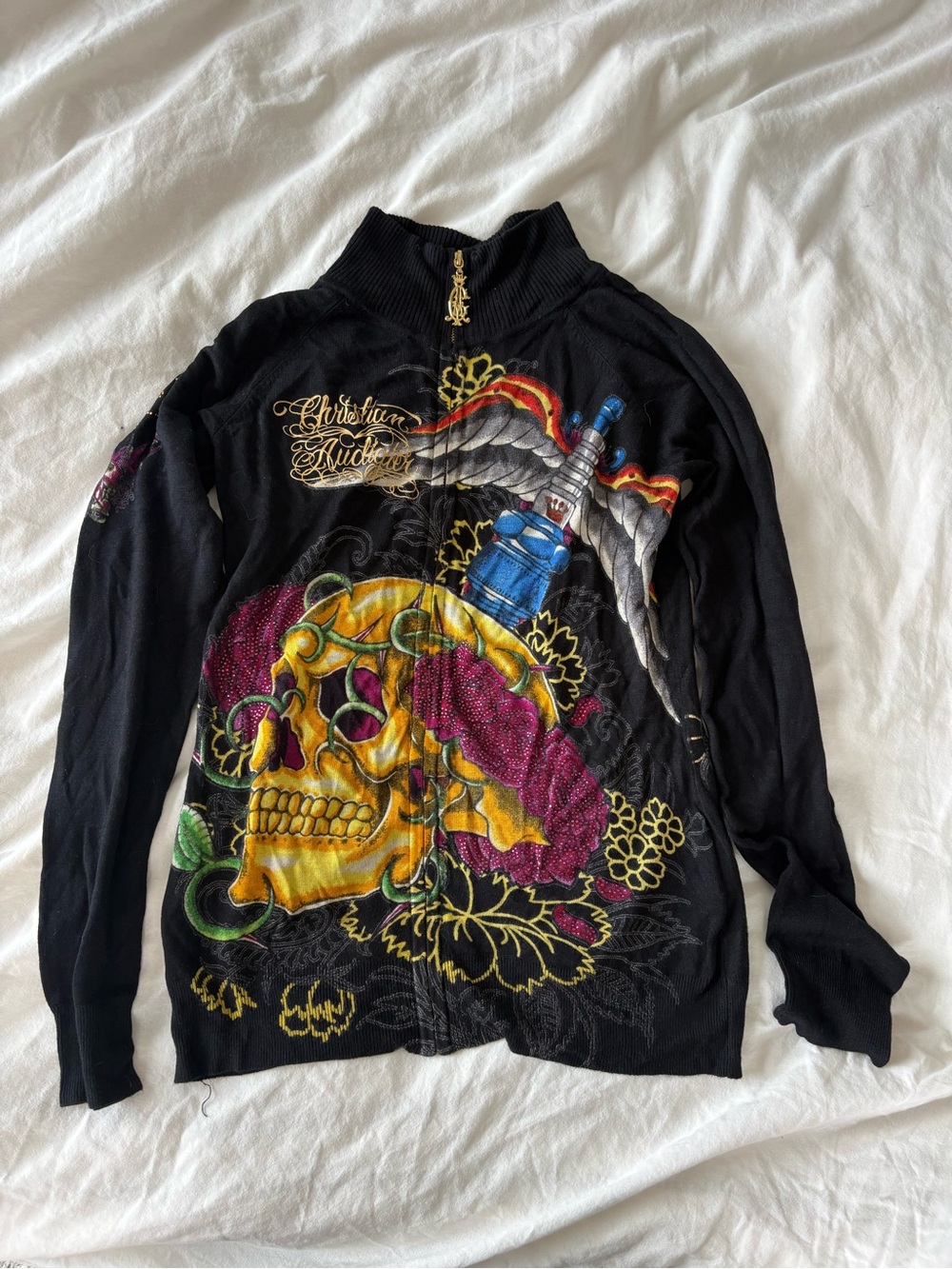 Christian Audigier Black Zip-Up Sweater with Yellow Skull and Pink Floral